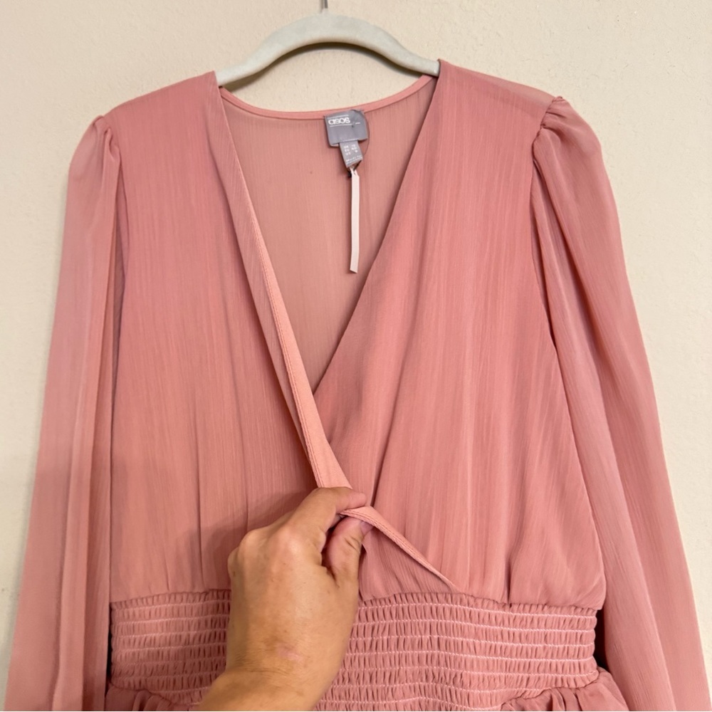 ASOS Pink Ruffled Long Sleeve Smocked Waist Casual Party Dress 12 NEW - Picture 6 of 16